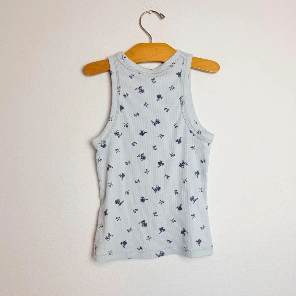 Abercrombie Kids Blue Floral Ribbed Tank Top High Neck Racerback Size 9/10